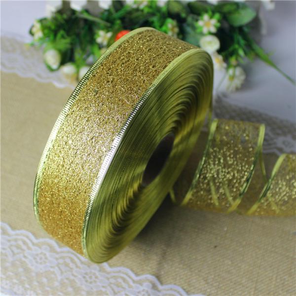 6.3cm Gold Glitter Wired Edges Ribbon For Christmas Holiday Decoration Metallic