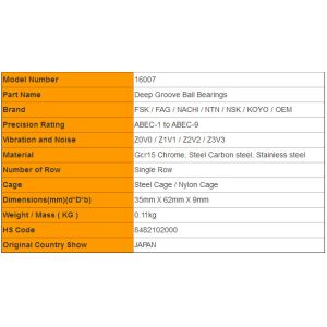 16007 Single Row Deep Groove Ball Bearing Thin Section Bearing