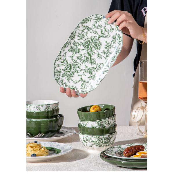 Green Floral Ceramic Plates Sets For 6 Users Exquisite Porcelain Utensils Included