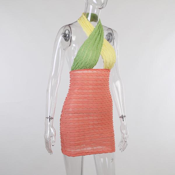 Contrast Color Stitching Halter Neck Cross Over Dress 89cm