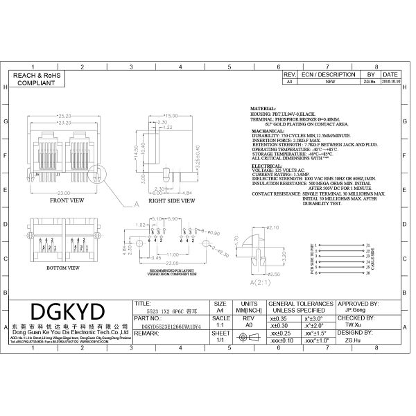 RJ11 Ethernet port connector 1X2 with ear interface 6P6C DGKYD5523E1266IWA1DY4