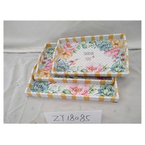 Flower Theme Floral PU Surface Wooden Food Tray