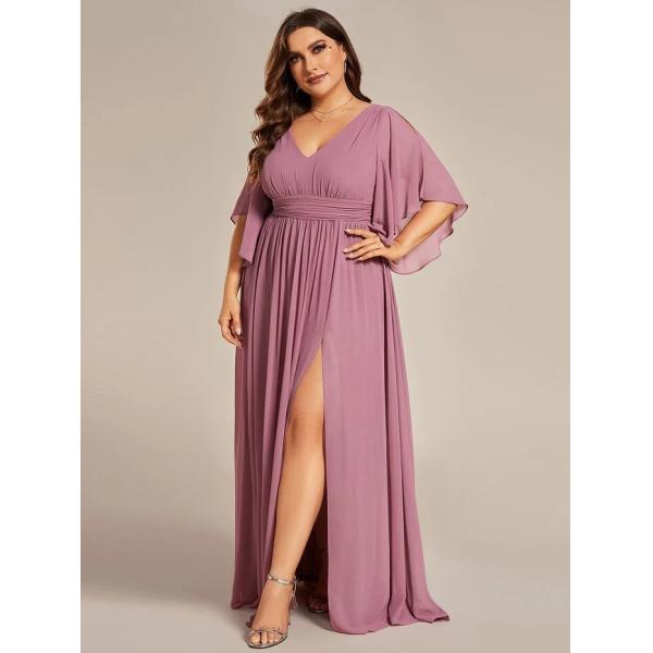 Empire Plus Size V-neck Ruffled A-line Invisible Zipper Half Flutter Sleeves Purple Orchid Chiffon Evening Dress
