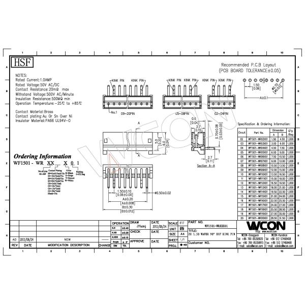 ZH 1.5mm KINK PIN Circuit Board Wire Connectors PA66 30%GF UL94V-0 Sn Plated