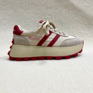 Women sports casual platform leather shoes for female with red blocks