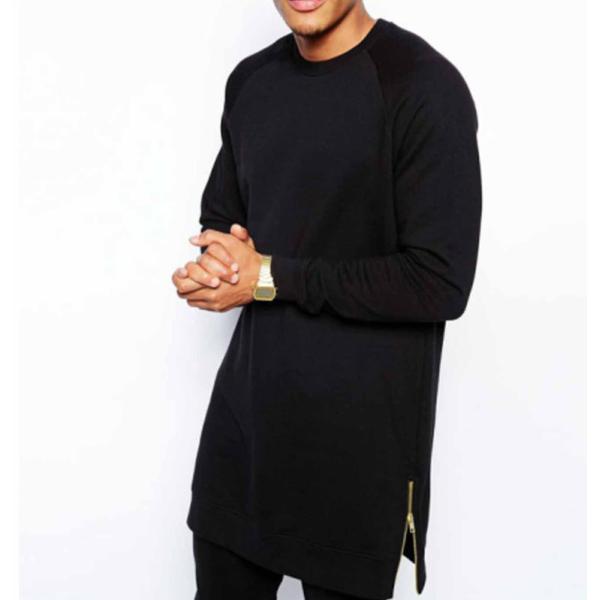 Custom new design cheap black blank long sleeve cotton casual wholesale side zipper tees