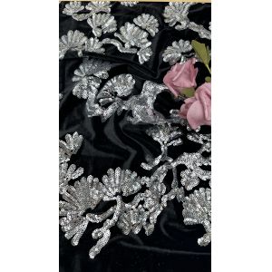 Leafy Black Flocked Tulle Lace Sequins Sliver Detailed Fabric For Statement