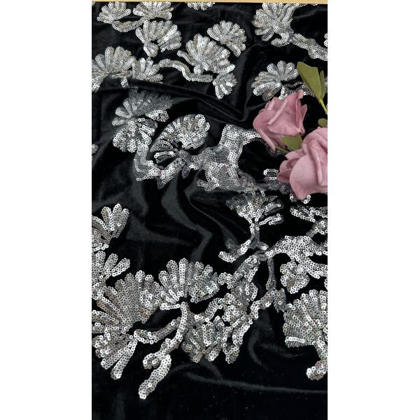 Leafy Black Flocked Tulle Lace Sequins Sliver Detailed Fabric For Statement