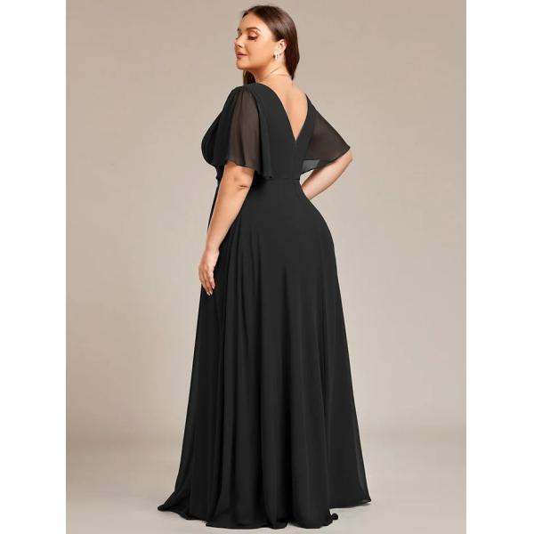Simple V-neck Zipper Short Sleeves Empire Waist A-line Maxi Ruffled Dark Green Chiffon Bridesmaid Dress