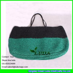 Quality LUDA women striped leather handels paper straw crochet tote bag for sale