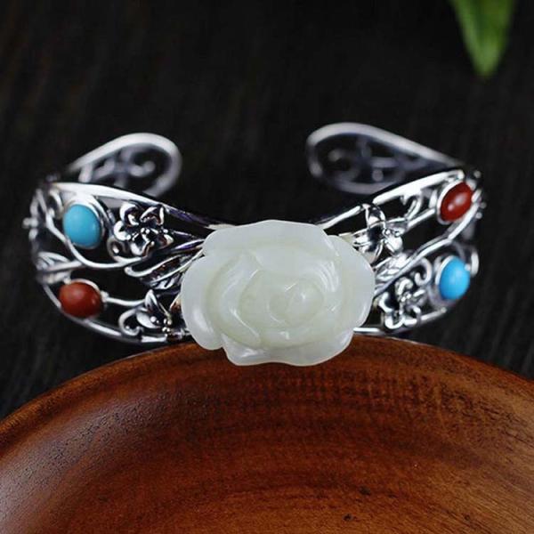 Women 925 Sterling Silver Sculptured White Jade Cuff Bracelet(059489)