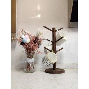 Wooden mug tree stand 6 hook counter coffee bar storage rack