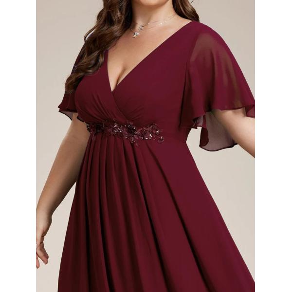 Sexy Empire Applique A-line Short Flutter Sleeves V-neck Invisible Zipper Burgundy Chiffon Prom Dress