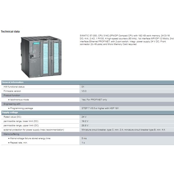 6ES7314-6EH04-0AB0 SIMATIC S7-300 Compact CPU 314C-2 PN/DP For Electronic Component