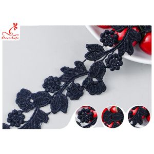 Black Floral Embroidery Edging Lace Trim Via Water Soluble With High Color