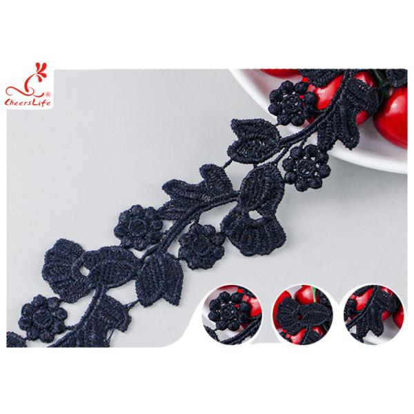 Black Floral Embroidery Edging Lace Trim Via Water Soluble With High Color