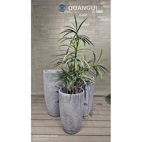 Geometric Cracked - Like Design Grey Round Fiber Clay Planter Mosaic Pattern