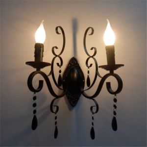 classic vintage candle wall light black wrought iron body crystal deco wall