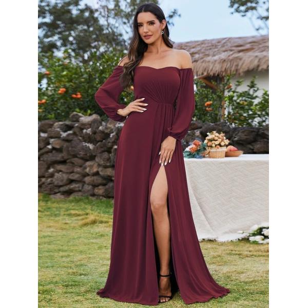 Plus Size Ruffled Long Sleeve High Slit Off-shoulder High Slit Burgundy Chiffon Prom Dress