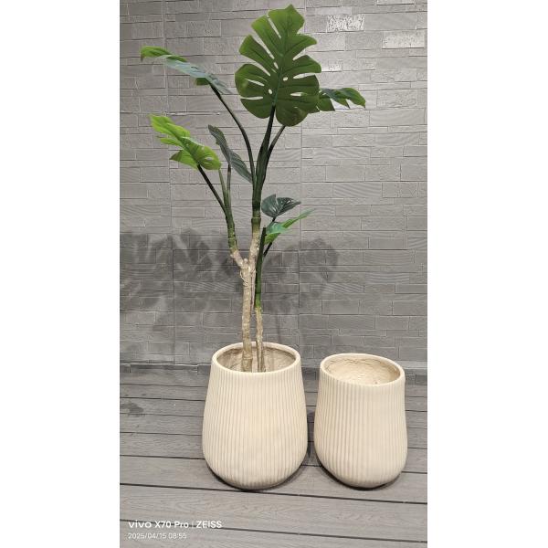 Contemporary Look Neutral Beige Repetitive Linear Texture Design Round Fiber Clay Planter