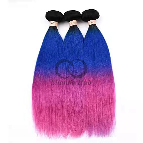 #T1B/Blue/Rose Red Straight Remy Human Hair Bundles Sew In Weave Bundles Brazilian Bundle Deals