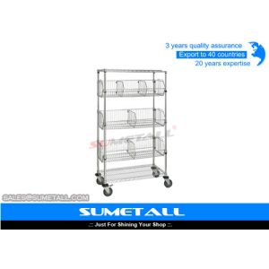 Industrial Metal Rolling Wire Shelves / Chrome Shelving Racks With Wheels
