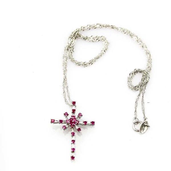 Women Jewelry 925 Silver Pink Cubic Zirconia Cross Pendant Necklace (P37)