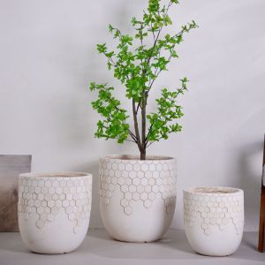 Quality Natural Honeycomb Pattern Neutral Beige Round Lightweight Fiber Clay Planter for sale