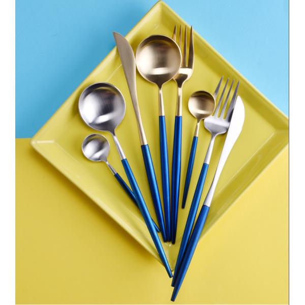 China Supplier Stainless Steel Flatware Set with Blue and Gold Color NC099 Dinner Knife Fork Spoon