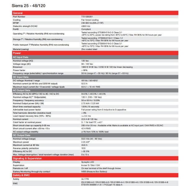Sierra 25 - 48/120 120 To 48 Volt Converter 2.75KVA 2.55KW P/N T721330201