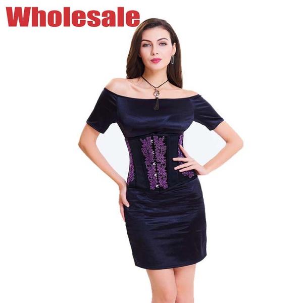 Buy Polyester 2XL Embroidered Corset Bandage Dress Black And Purple at wholesale prices