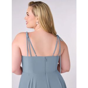 New Style V-neck Dusty Blue Chiffon Tiered A-line Bridesmaid Dress Zipper