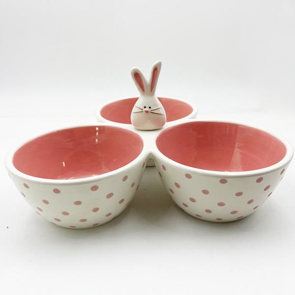 Buy Classic Pink Cute Ceramic Material Tri Part Serving Bowl Silly Bunny With Rabit Handle at wholesale prices