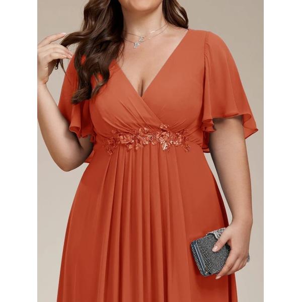 Sexy Empire Applique A-line Short Flutter Sleeves V-neck Invisible Zipper Burnt Orange Chiffon Evening Dress