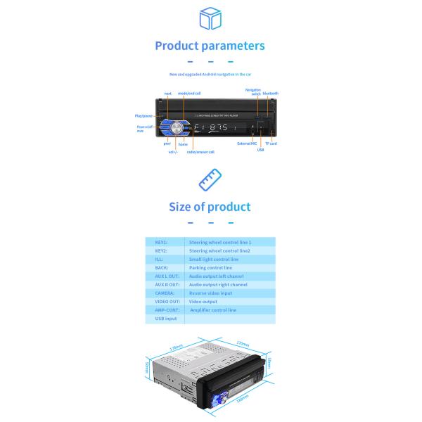 7 Inch GPS Car Mount Tablet Android 1 DIN Telescopic Screen Car Player Wifi HD 1080P