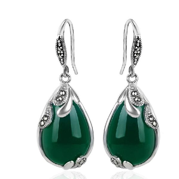 Retro Jewelry Thailand Silver with Marcasite and Green Agate Earrings