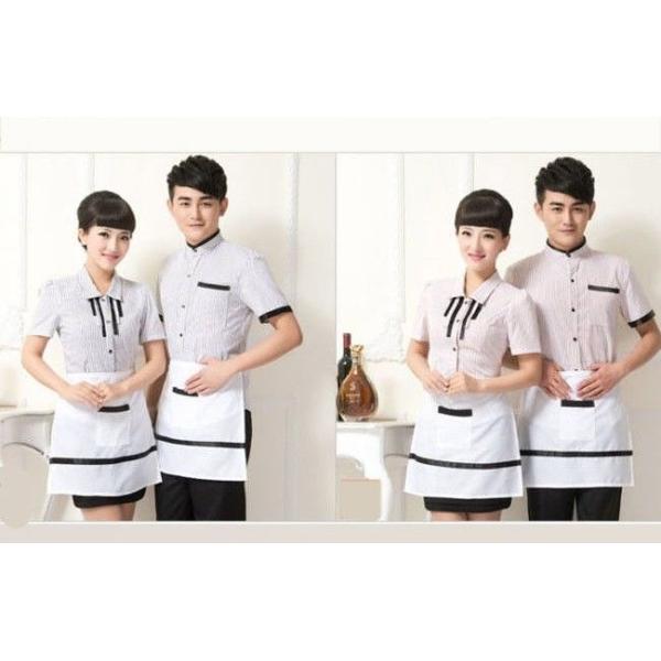 Casual Restaurant Staff Uniform , Short Sleeve Stripe Restaurant Work Shirts