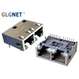 2 Ports Ganged Magnetic RJ45 Connector Assembly With EMI Tabs Latch Down