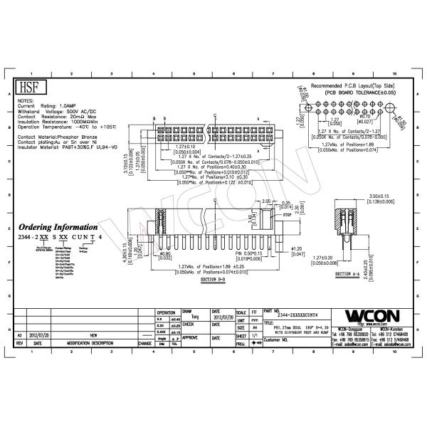 1.27 mm Female Header Double Row S/T W/T ﹣40℃ to +105℃ Operation Temperature