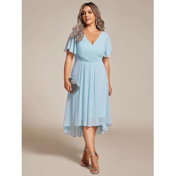 Empire Plus Size V-neck High-low A-line Short Sleeve Ruffled Sky Blue Chiffon Wedding Guest Bridesmaid Dress