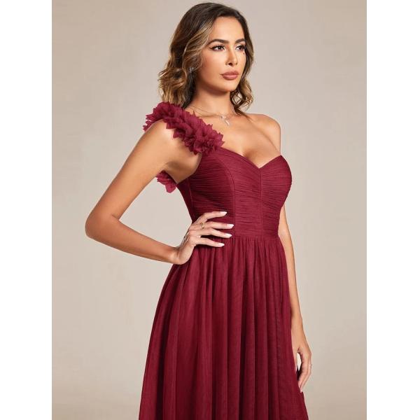 Exquisite One-shoulder Sweetheart Ruffled A-line Zipper Pleated High Slit Burgundy Tulle Evening Dress