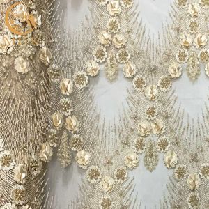 20% Polyester Material 3D Flower Lace Fabric With Beads