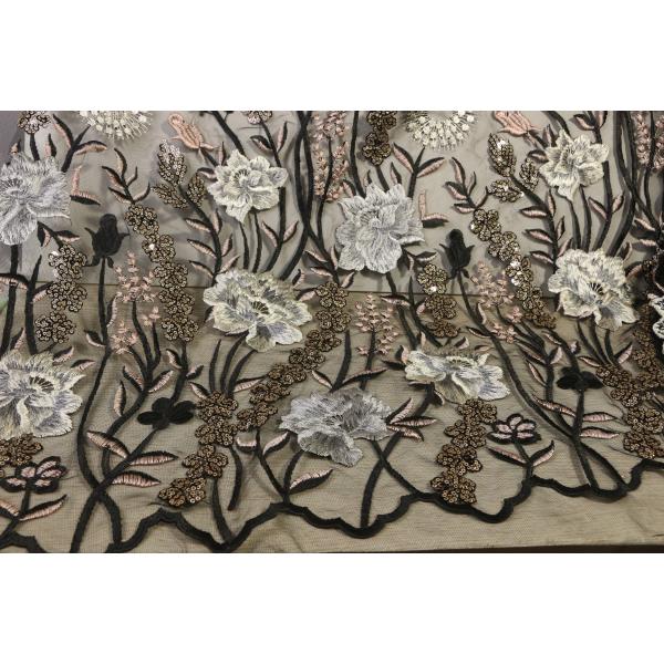 Scalloped Embroidered Mesh Lace Fabric , Wedding Lace Material With Paillettes