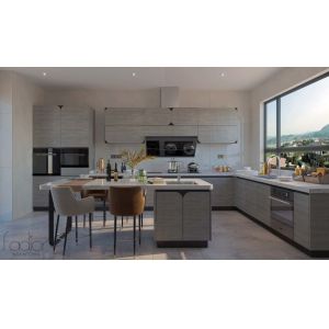 Fadior Stone Texture Stainless Steel U-Shaped Kitchen With Curved Doors Design