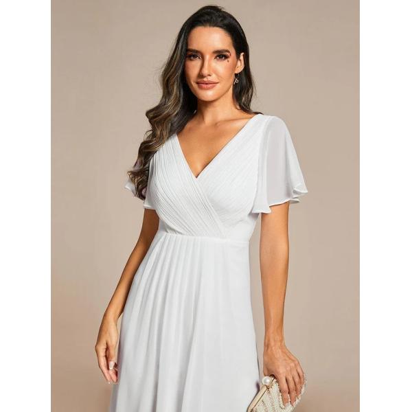 Chic V-neck High-low Short Flutter Sleeves A-line Ruffles Midi Invisible Zipper White Chiffon Guest Graduation Dress