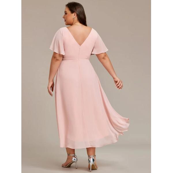 Chic V-neck High-low Short Flutter Sleeves A-line Ruffles Midi Invisible Zipper Pink Chiffon Wedding Guest Evening Dress