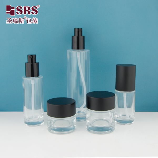 GL021 30ml 50ml 100ml 120ml Clear Mold Glass Lotion Pump Bottle With Black Cap Customized