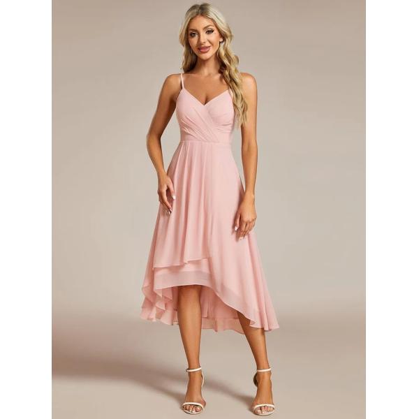 Elegant V-neck Spaghetti Strap High-low Chiffon Wedding Guest Dress Pink Cocktail Dresses