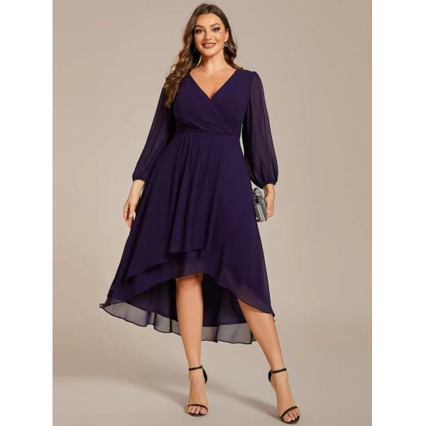 Plus Size Ruffled A-line Long Sleeve V-neck High Low Wedding Guest Dark Purple Chiffon Bridesmaid Dress