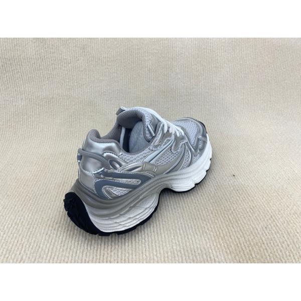 Women white silver sport shoes with thick soled and breathable mesh upper PU